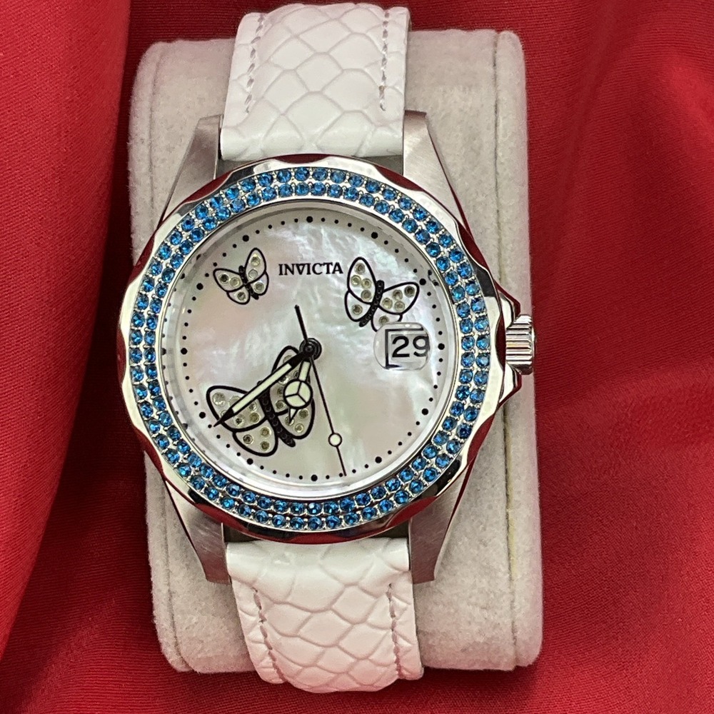Invicta Lady Angel Quartz Watch Butterflies Model 23644 New Battery Leather Band